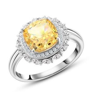 925 Silver Ring with Sparkling Yellow Zircon & Double Halo Design